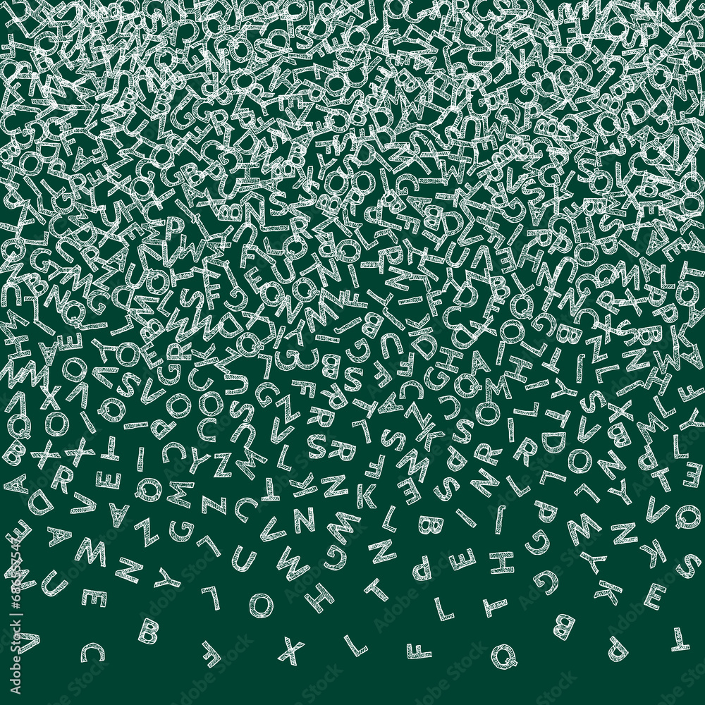 Falling letters of English language. Chalk sketch flying words of Latin alphabet. Foreign languages study concept. Unique back to school banner on blackboard background. Falling letters of English language. Chalk sketch flying words of Latin alphabet. Foreign languages study concept. Unique back to school banner on blackboard background.