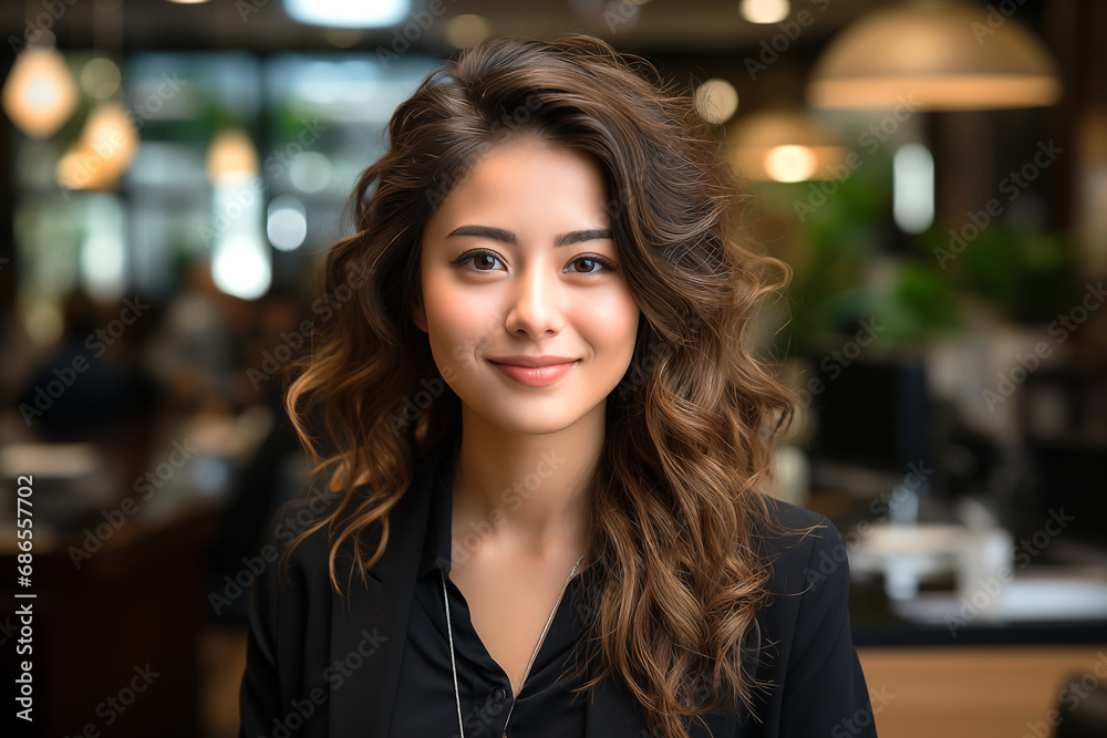 Portrait of confident young Asian businesswoman sitting smiling looking at camera in the office. Concept Strong women show leadership. International Women's Day. March 8. Portrait of confident young Asian businesswoman sitting smiling looking at camera in the office. Concept Strong women show leadership. International Women's Day. March 8.