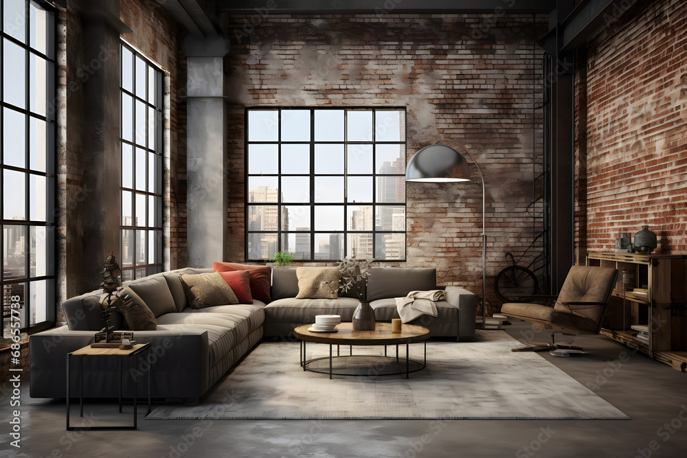 Living room interior in loft, industrial style 3d rendering. generative ...