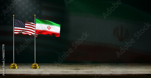 iran and USA or america flag wave on dark background. digital illustration for national activity or social media content. photo