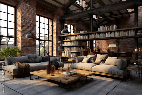 Living room loft in industrial style 3d rendering. generative ai.