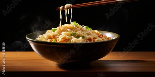 A Tempting Bowl of Noodles Lifted Up by Chopsticks  Inviting You on a Culinary Journey Through Asian Flavors