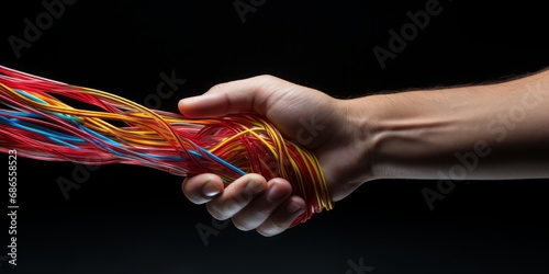 andshake of Human-Like and Real Hands, Bridged by Vibrant Red, Blue, Yellow, and Green Electric Cables, Symbolizing the Fusion of Human and Technological Worlds