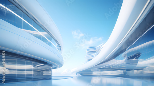 Low angle view of futuristic architecture, Skyscraper of office building with curve glass window, 3D rendering. generative ai.
