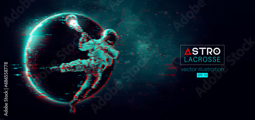 Abstract silhouette of a lacrosse player astronaut in space action and Earth, Mars, planets on the background of the space. Lacrosse player astronaut are throws the ball. Vector 3d render illustration photo