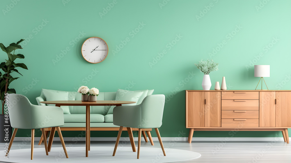 Mint color chairs at round wooden dining table in room with sofa and cabinet near green wall. generative ai. - obrazy, fototapety, plakaty 