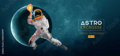 Abstract silhouette of a lacrosse player astronaut in space action and Earth, Mars, planets on the background of the space. Lacrosse player astronaut are throws the ball. Vector 3d render illustration
