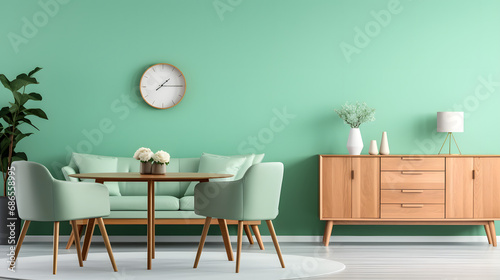 Mint color chairs at round wooden dining table in room with sofa and cabinet near green wall. generative ai. photo