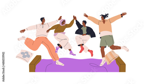 Happy homosexual family, gay fathers and sons jumping on bed. Cheerful excited African-American brothers, men and boys having fun at home. Flat vector illustration isolated on white background