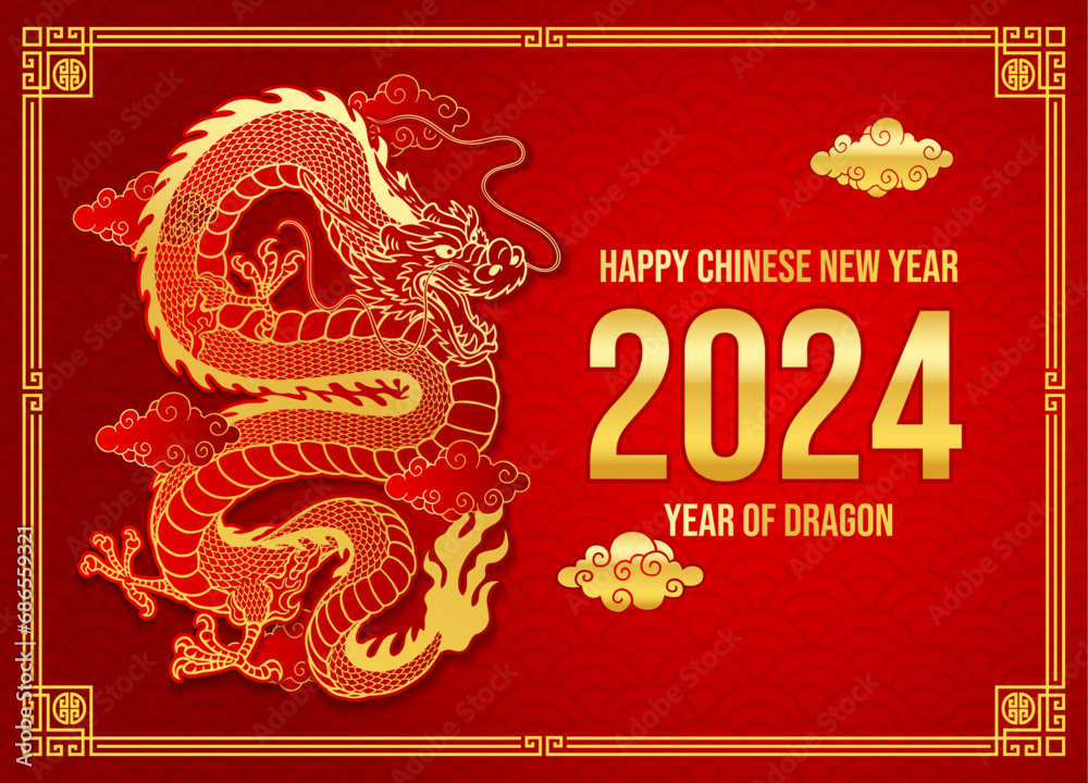 Chinese New Year 2024 Year of Dragon with Red and Gold Asian Element Chinese New Year 2024 Year of Dragon with Red and Gold Asian Element