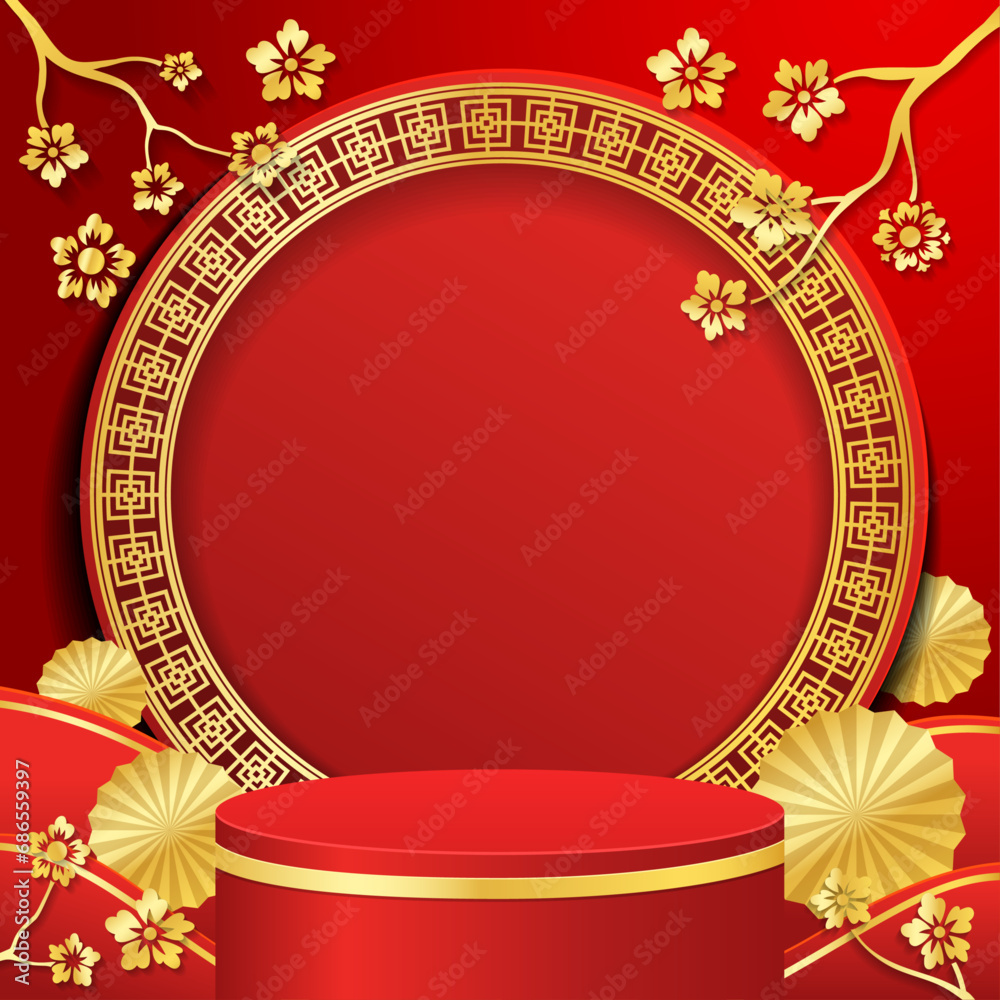 Chinese New Year Product Display Design With Flower and Asian Ornament Chinese New Year Product Display Design With Flower and Asian Ornament