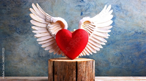Valentine's day concept red heart with wings sitting on a wooden pedestal