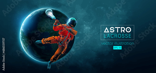 Abstract silhouette of a lacrosse player astronaut in space action and Earth, Mars, planets on the background of the space. Lacrosse player astronaut are throws the ball. Vector 3d render illustration