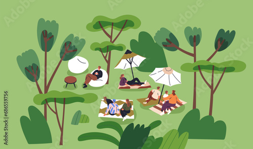 People relaxing outdoors, lying on picnic blankets, grass in park. Tiny characters resting in nature on summer holiday, weekend. Family, couple, friends, leisure time outside. Flat vector illustration #686559756