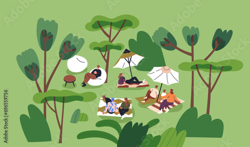 People relaxing outdoors, lying on picnic blankets, grass in park. Tiny characters resting in nature on summer holiday, weekend. Family, couple, friends, leisure time outside. Flat vector illustration