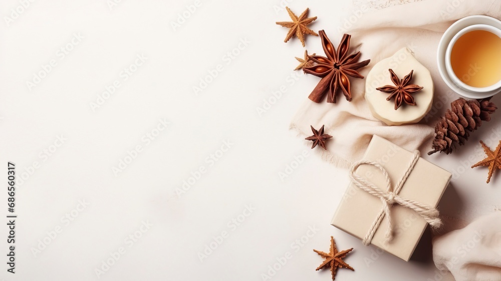 Autumn or winter composition. Gift box Coffee cup, cinnamon sticks, anise stars, beige sweater with knitted blanket on cream color gray fluffy background with generative ai
