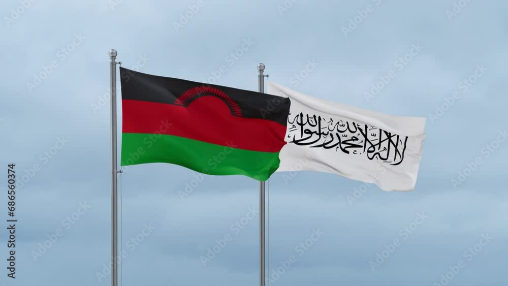 Malawi flag and Afghanistan flag waving together on cloudy sky, endless seamless loop