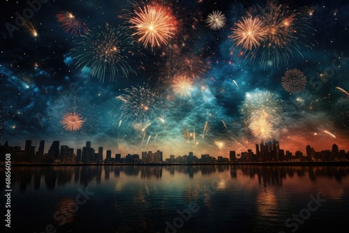 Fireworks above a lake, reflecting in the water