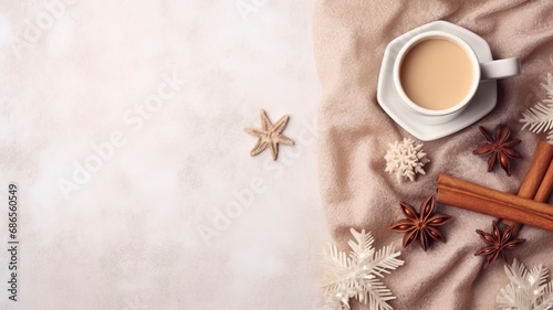 Autumn or winter composition. Gift box Coffee cup  cinnamon sticks  anise stars  beige sweater with knitted blanket on cream color gray fluffy background with generative ai