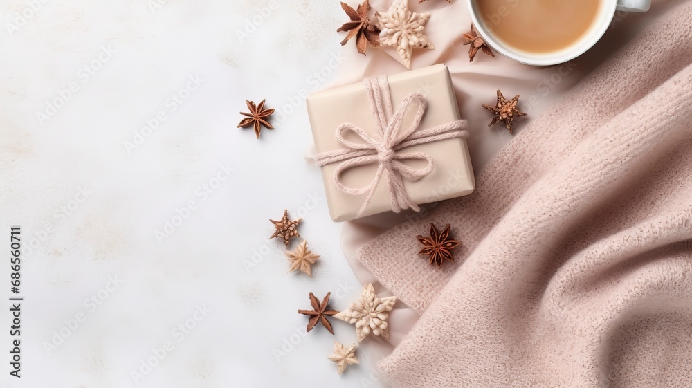 Autumn or winter composition. Gift box Coffee cup, cinnamon sticks, anise stars, beige sweater with knitted blanket on cream color gray fluffy background with generative ai Autumn or winter composition. Gift box Coffee cup, cinnamon sticks, anise stars, beige sweater with knitted blanket on cream color gray fluffy background with generative ai