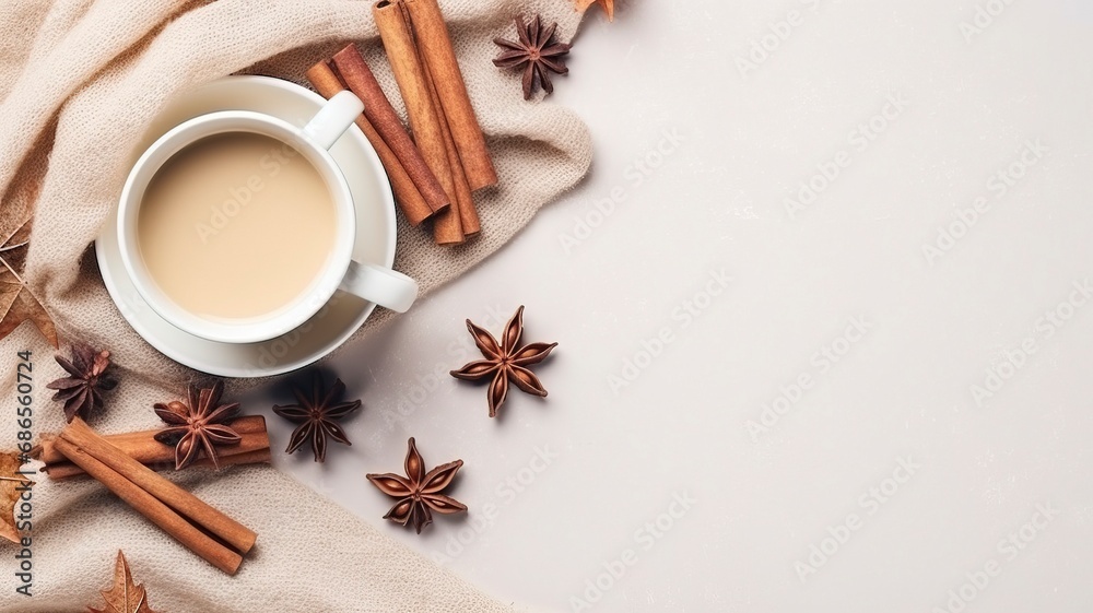 Autumn or winter composition. Gift box Coffee cup, cinnamon sticks, anise stars, beige sweater with knitted blanket on cream color gray fluffy background with generative ai Autumn or winter composition. Gift box Coffee cup, cinnamon sticks, anise stars, beige sweater with knitted blanket on cream color gray fluffy background with generative ai