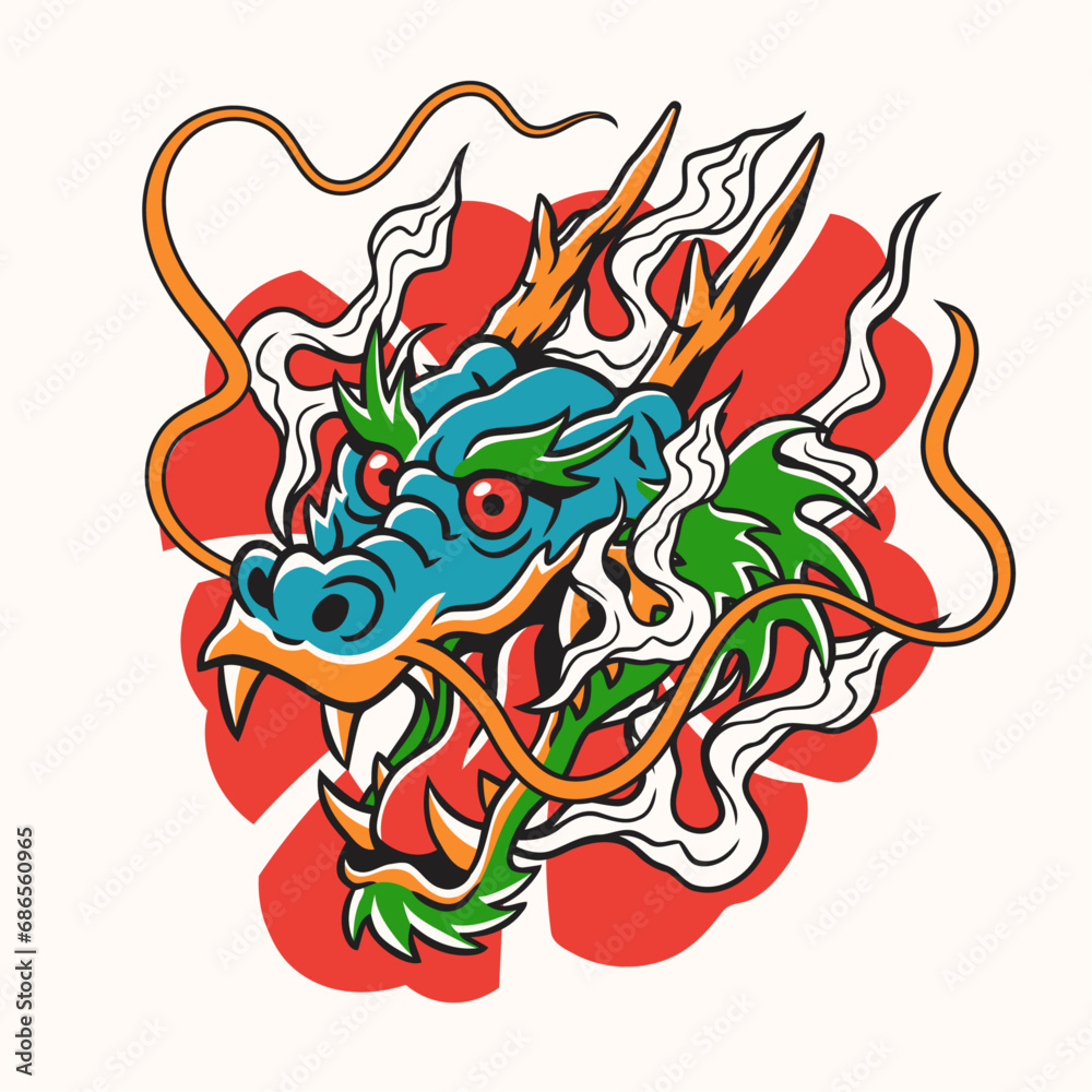 Dragon Head Colored Tattoo Design Illustration Old School