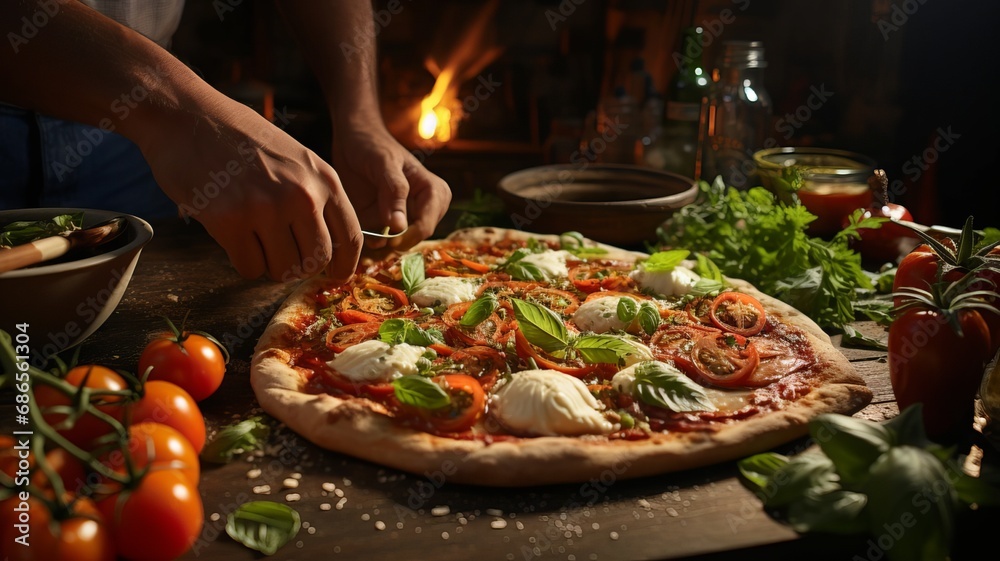 Pizza maker prepares fresh pizza in a pizzeria