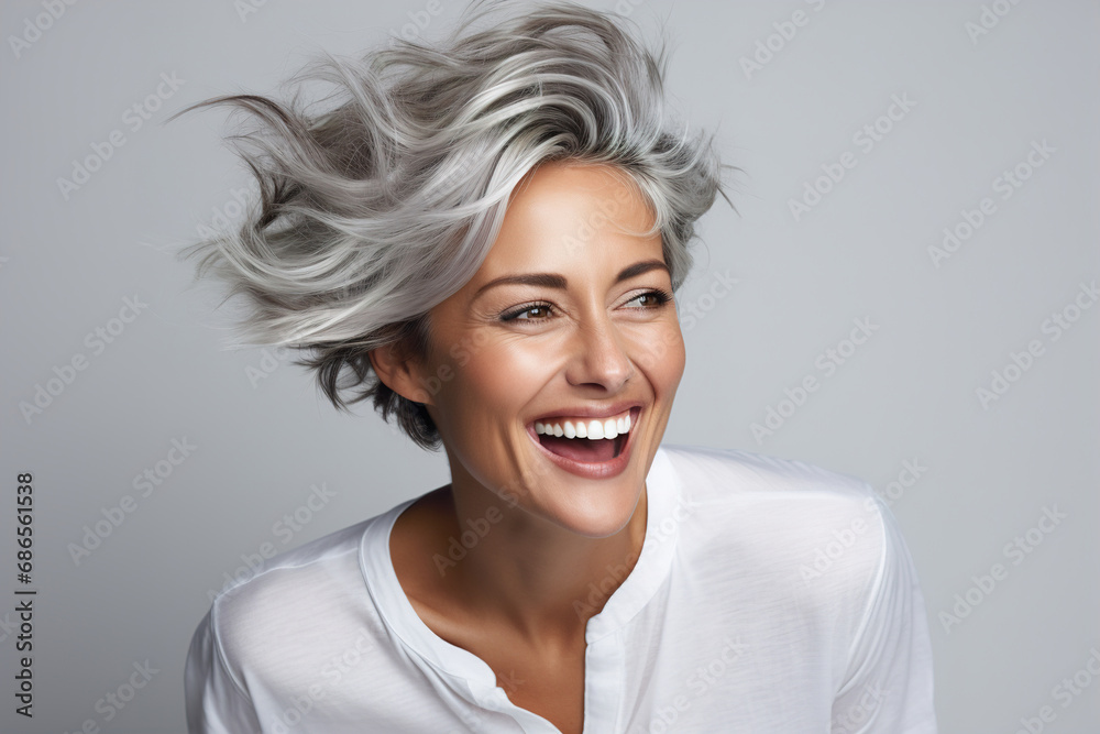 Emotional positive portrait of a middle-aged woman. Laughing happy adult Caucasian woman with stylish gray hairstyle on gray background Emotional positive portrait of a middle-aged woman. Laughing happy adult Caucasian woman with stylish gray hairstyle on gray background