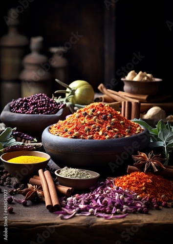 a group of bowls of spices and herbs © Galina