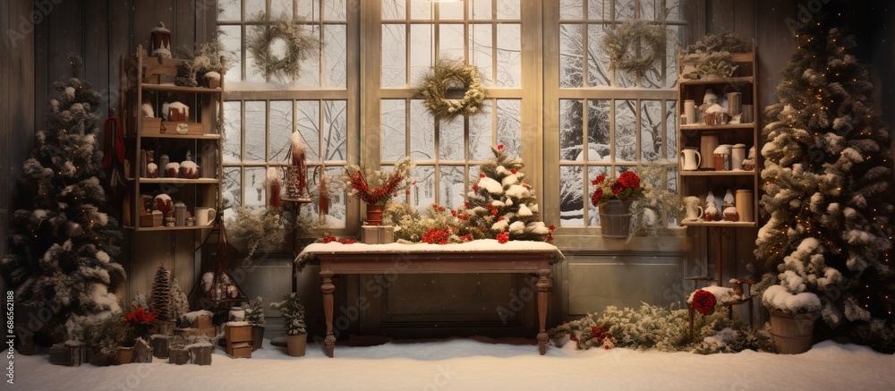Studio Christmas with cozy winter garden in warm tones