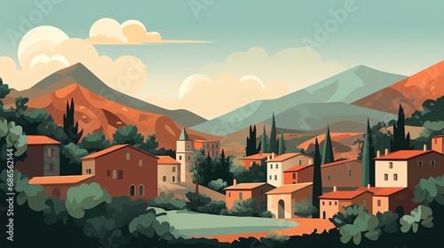 a cartoon of a village in the mountains photo