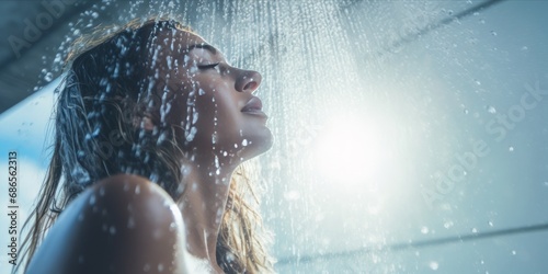 A Refreshing Shower Scene with a Rain Head, as a Woman Enjoys Wellness in a Serene Blue Bathroom