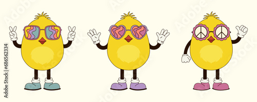 Vector set of groovy Easter chicks in a trendy retro 70s style. Vector illustration