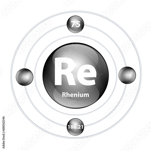 Icon structure chemical element Rhenium (Re) round shape circle black with surround ring. Period number shows of energy levels of electron. Study science for education. 3D Illustration vector.