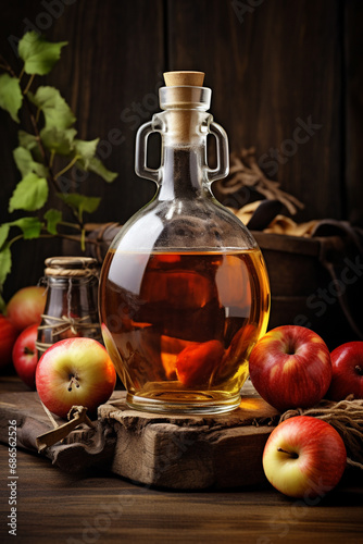 Apple cider vinegar in a glass bottle and fresh red apples.