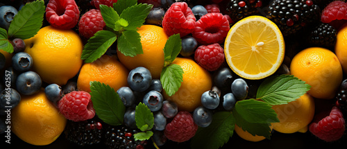 Frischer Früchte-Mix: Bunter Hintergrund mit Orangen, Beeren und Minze © PhotoArtBC