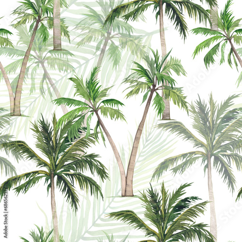 Watercolor seamless pattern with palm trees. Tropical print with exotic trees, green coconut trees. Design and decoration of fabric, textiles, stationery. Theme of relaxation, beach, vacation.