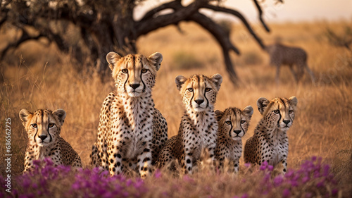 A mother cheetah and her cubs in the vast savannah landscape.