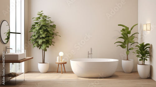 minimalist bathroom interior, concrete floor and gray and beige walls, bathroom cabinet, bathtub. © Nataliya