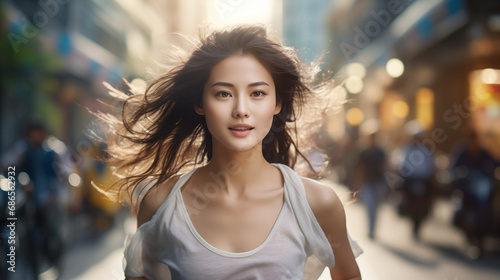 Young asian woman running on the streets of a big city 