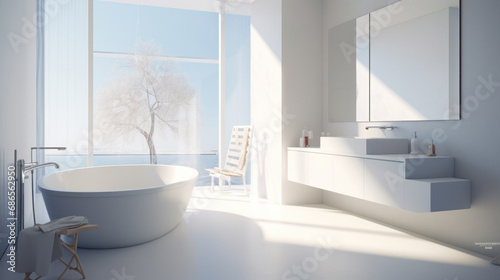 minimalist bathroom interior  concrete floor and gray and beige walls  bathroom cabinet  bathtub.