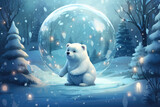 Cartoon cute polar bear in the snow, in the winter forest. Space for text