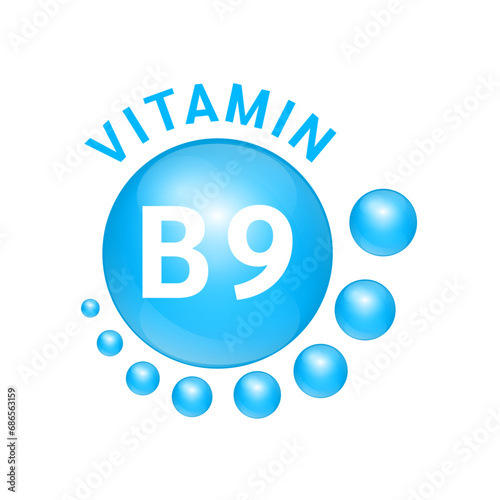 Vitamin B9 blue substance Sign Icon. Realistic design, small circle around. Isolated on white background. Personal care, beauty concept. Medicine health symbol of thiamine. Vector Illustration EPS10.