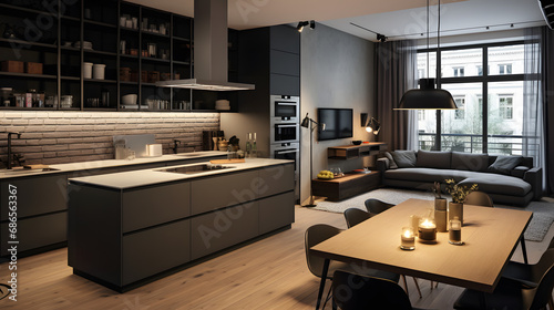 Stylish apartment interior with modern kitchen. Idea for home design. generative ai.