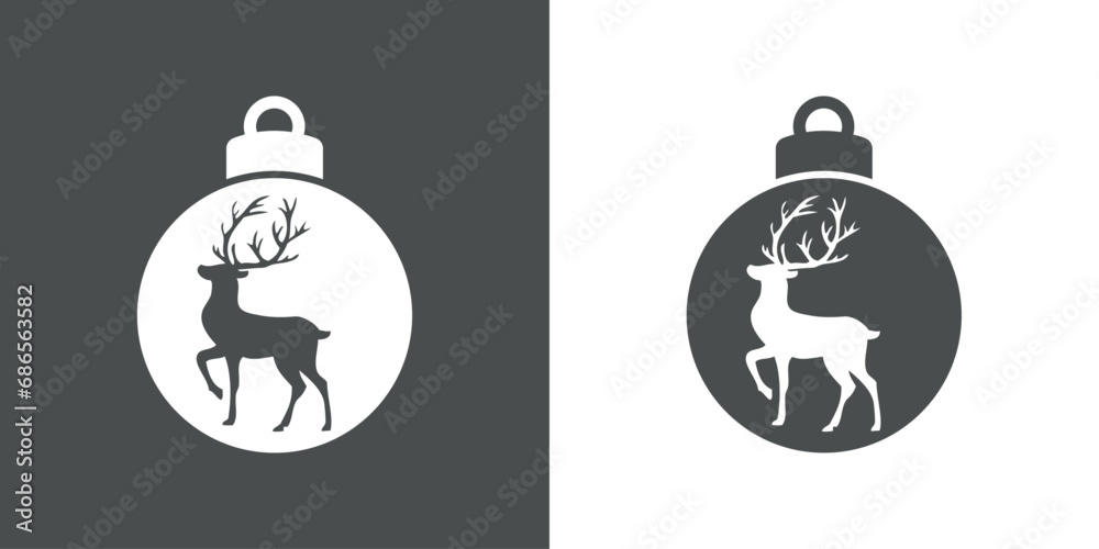 Tiempo de Navidad. Logo con silueta de bola de navidad con ciervo o reno Rudolph de pie para su uso en invitaciones y felicitaciones Tiempo de Navidad. Logo con silueta de bola de navidad con ciervo o reno Rudolph de pie para su uso en invitaciones y felicitaciones