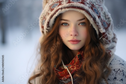 Beautiful Slavic redhead girl in Russian winter