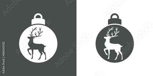 Tiempo de Navidad. Logo con silueta de bola de navidad con ciervo o reno Rudolph de pie para su uso en invitaciones y felicitaciones