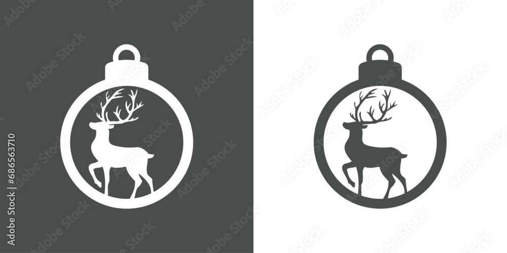 Tiempo de Navidad. Logo con silueta de bola de navidad con ciervo o reno Rudolph de pie para su uso en invitaciones y felicitaciones Tiempo de Navidad. Logo con silueta de bola de navidad con ciervo o reno Rudolph de pie para su uso en invitaciones y felicitaciones