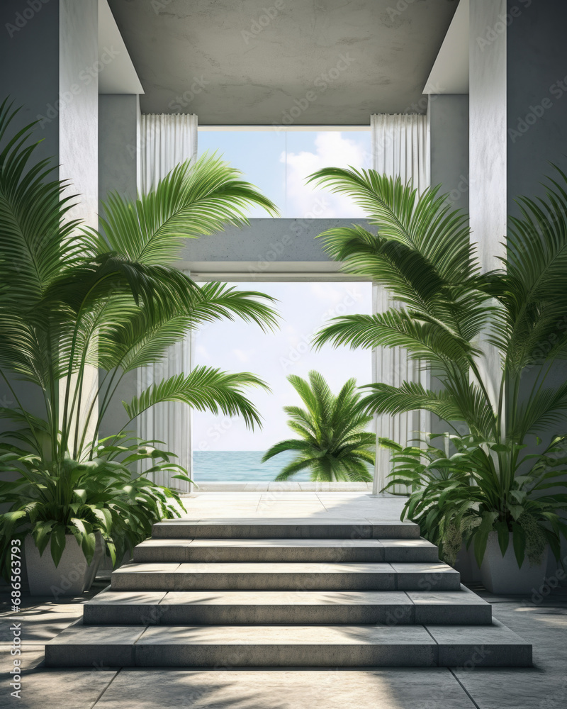 Fototapeta premium Palm tree next to a wooden door.
