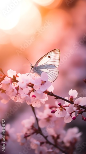 Beautiful pink butterfly sitting on the white blossom cherry tree. AI generated image © yekaterinalim